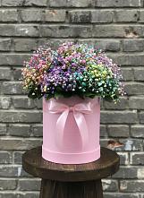 Цветочная композиция из Гипсофила и Розы в шляпной коробке в Полазне