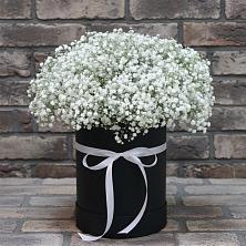 Цветочная композиция из Гипсофила в шляпной коробке в Полазне