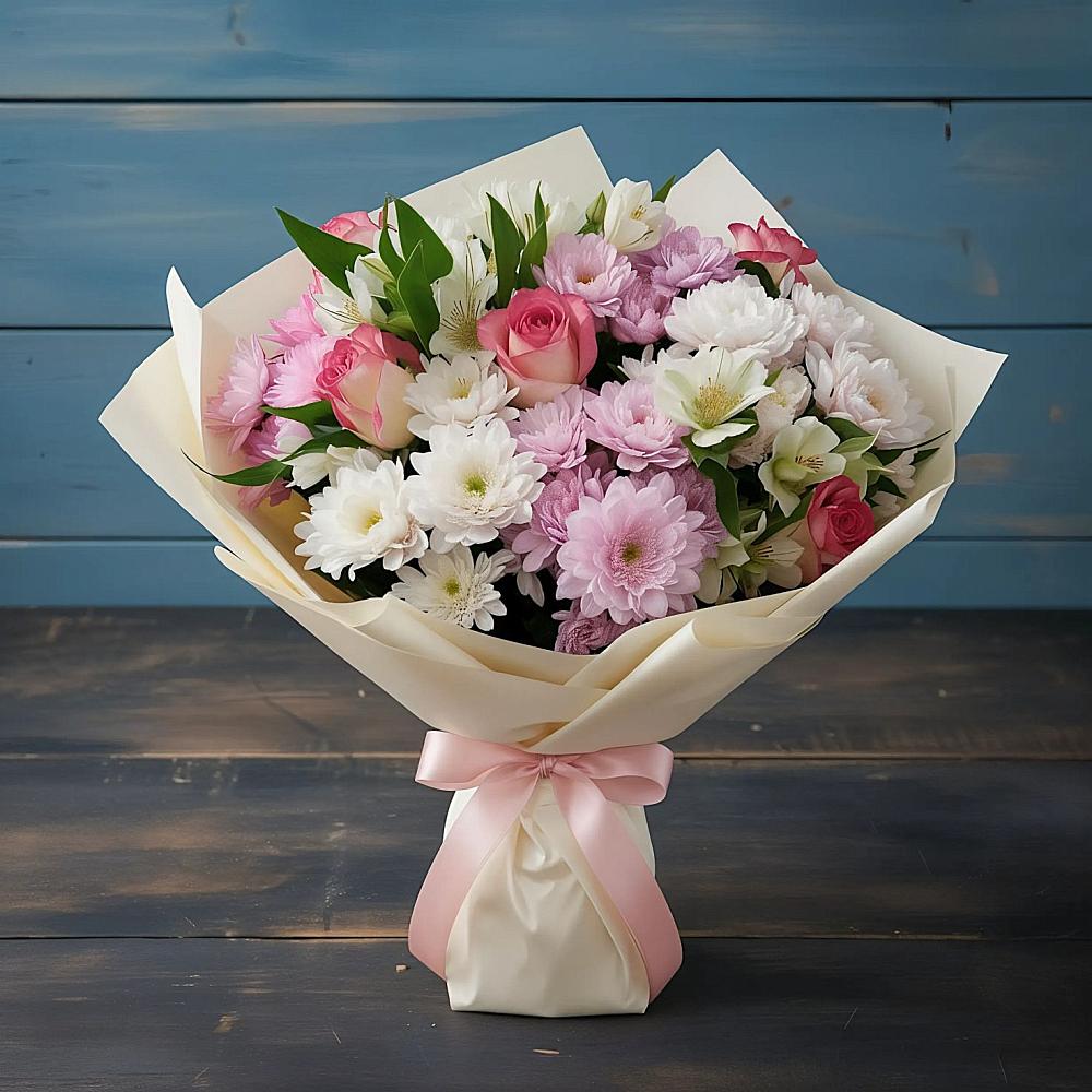 Букет цветов из: Хризантемы, Альстромерии и Розы в Полазне